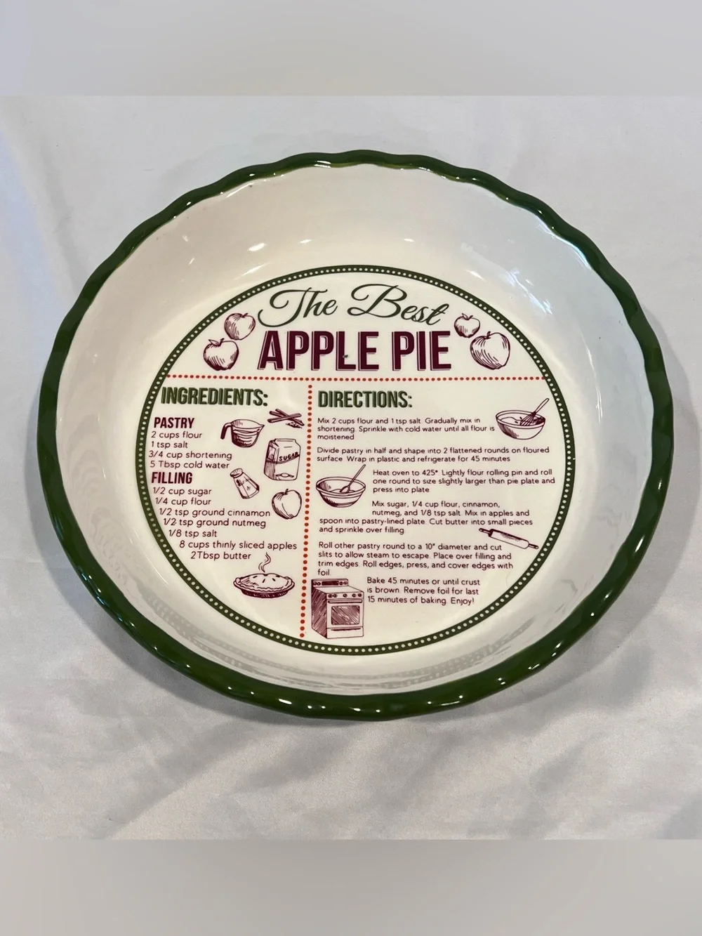 DEI Apple Pie Recipe Ceramic Pie Plate Green Scalloped Cottagecore Kitchen